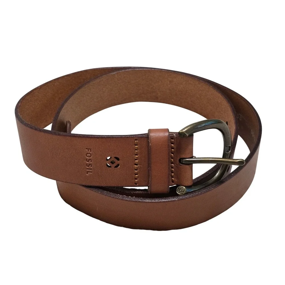 Fossil Mens Brown Leather Belt Brass Buckle Large BT4113 231